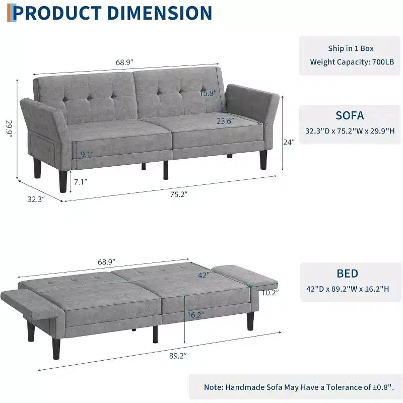 COZONY Divano Letto Futon Moderno, Schienale e Braccioli Regolabili, Trasformabile per Soggiorno, Camera da Letto, Appartamento