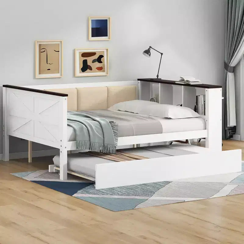 GDFStudio Gibson Letto a Giorno in Legno con Ripiani Contenitori e Schienale Imbottito