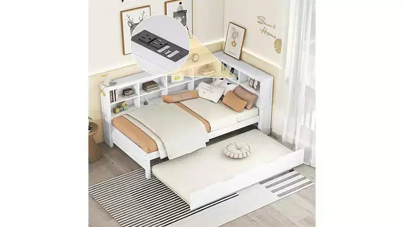 Letti gemelli/matrimoniali con ripiano contenitore, struttura per divano letto in legno con porte USB per ricarica wireless, capacità di carico di 113 kg