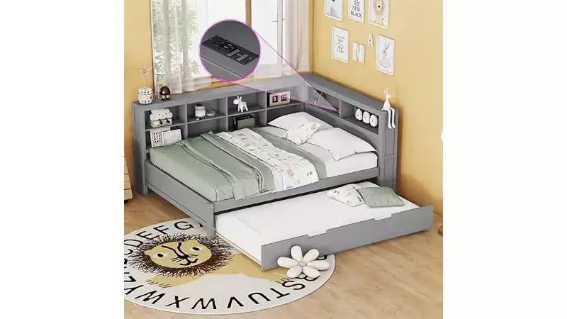 Letti gemelli/matrimoniali con ripiano contenitore, struttura per divano letto in legno con porte USB per ricarica wireless, capacità di carico di 113 kg