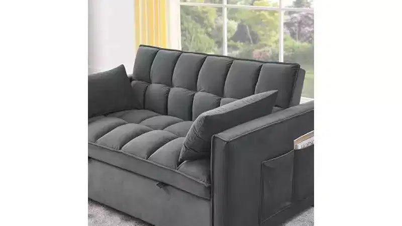 Divano letto convertibile con schienale regolabile - Reclinabile in 3 posizioni, estraibile, due tasche laterali, 2 cuscini per soggiorno, grigio