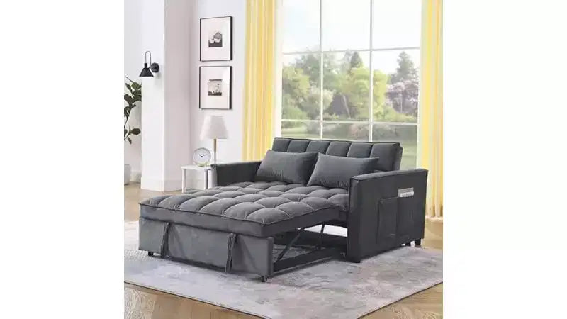 Divano letto convertibile con schienale regolabile - Reclinabile in 3 posizioni, estraibile, due tasche laterali, 2 cuscini per soggiorno, grigio