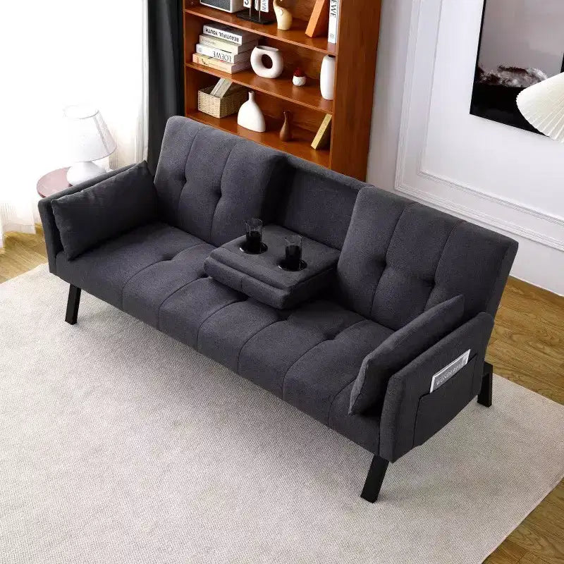 TUYOHW Divano Letto Pieghevole da 70'' con Portabicchieri e Contenitore Laterale, Divano Letto in Cotone Lino per Piccoli Spazi