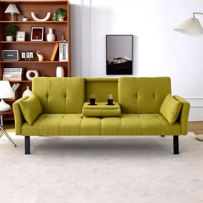 TUYOHW Divano Letto Pieghevole da 70'' con Portabicchieri e Contenitore Laterale, Divano Letto in Cotone Lino per Piccoli Spazi