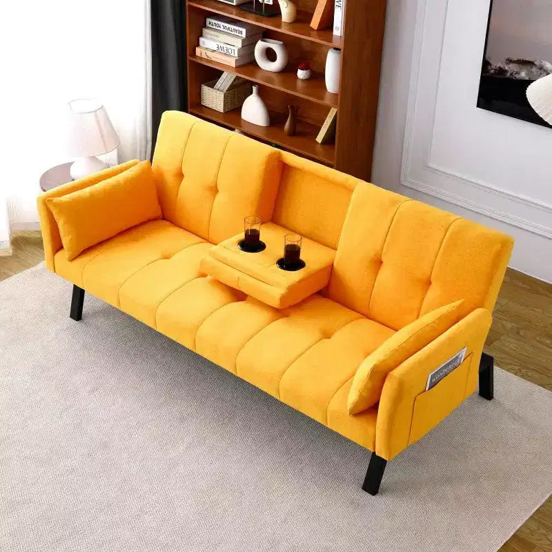 TUYOHW Divano Letto Pieghevole da 70'' con Portabicchieri e Contenitore Laterale, Divano Letto in Cotone Lino per Piccoli Spazi