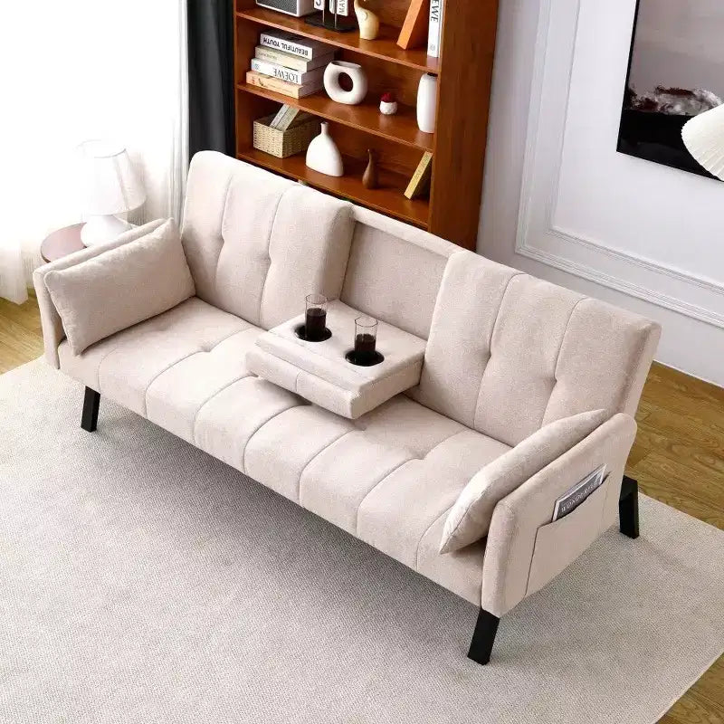 TUYOHW Divano Letto Pieghevole da 70'' con Portabicchieri e Contenitore Laterale, Divano Letto in Cotone Lino per Piccoli Spazi