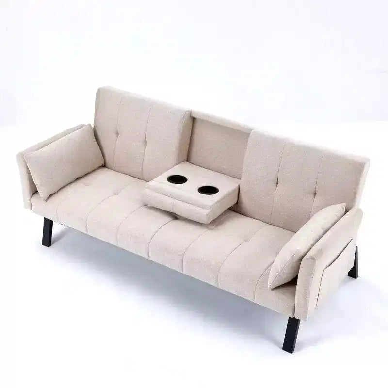 TUYOHW Divano Letto Pieghevole da 70'' con Portabicchieri e Contenitore Laterale, Divano Letto in Cotone Lino per Piccoli Spazi