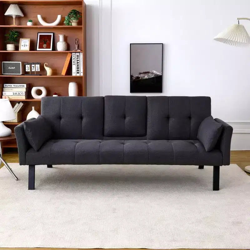 TUYOHW Divano Letto Pieghevole da 70'' con Portabicchieri e Contenitore Laterale, Divano Letto in Cotone Lino per Piccoli Spazi