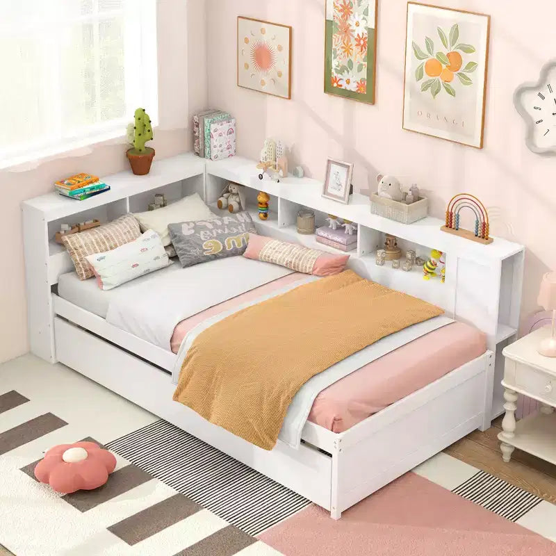 Costway Letto da Giorno Singolo con Letto Estraibile, Scaffali Laterali, Testiera Libreria Reversibile