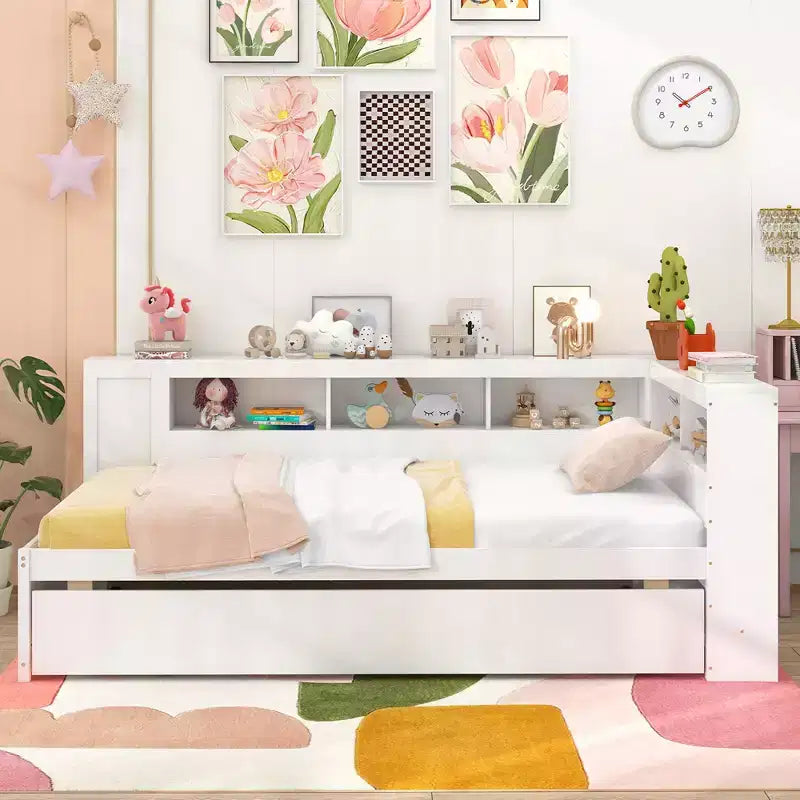 Costway Letto da Giorno Singolo con Letto Estraibile, Scaffali Laterali, Testiera Libreria Reversibile
