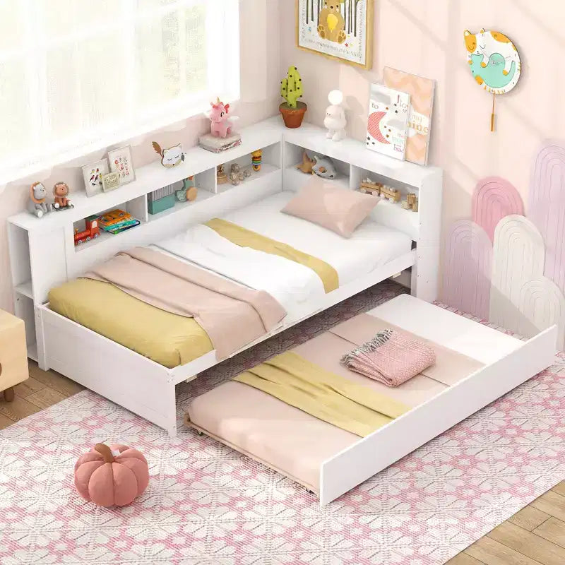 Costway Letto da Giorno Singolo con Letto Estraibile, Scaffali Laterali, Testiera Libreria Reversibile