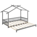Costway Wooden House Bed Twin to King Daybed w/ Safety Rails & Decorable Roof