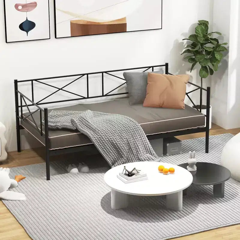 Costway Divano Letto Matrimoniale in Metallo 2 in 1 con Contenitore e Spondine Telaio Moderno Resistente con Doghe in Metallo Bianco/Nero