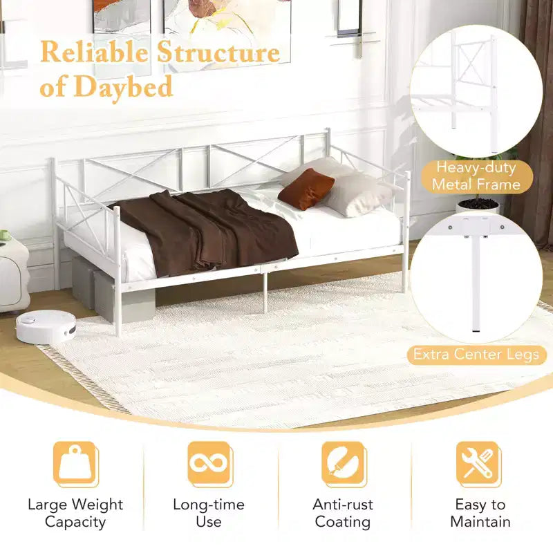 Costway Divano Letto Matrimoniale in Metallo 2 in 1 con Contenitore e Spondine Telaio Moderno Resistente con Doghe in Metallo Bianco/Nero