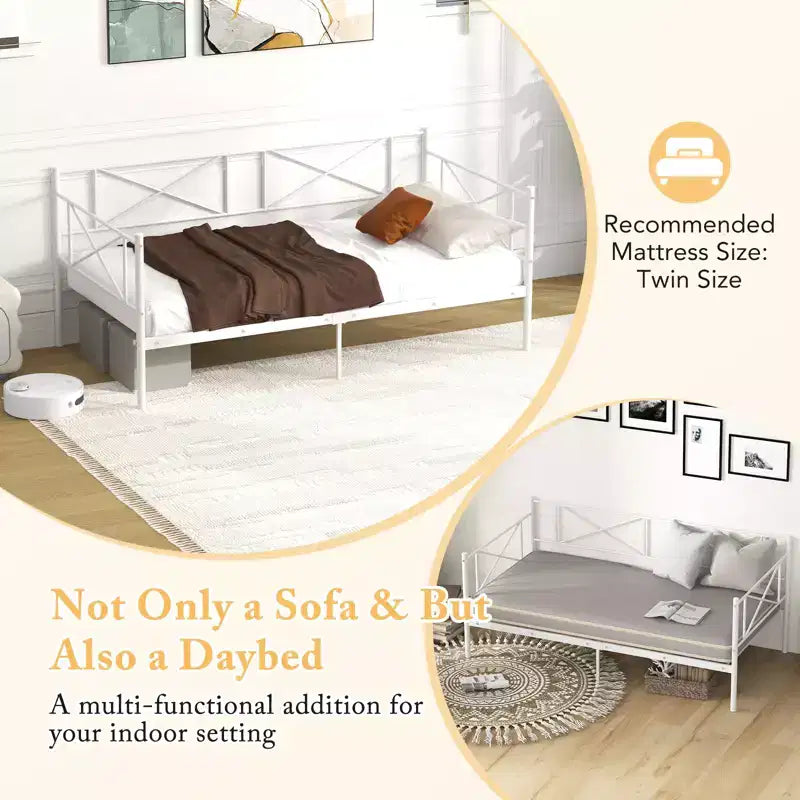 Costway Divano Letto Matrimoniale in Metallo 2 in 1 con Contenitore e Spondine Telaio Moderno Resistente con Doghe in Metallo Bianco/Nero
