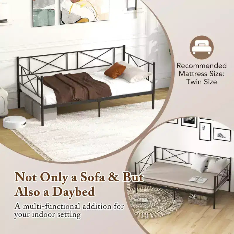 Costway Divano Letto Matrimoniale in Metallo 2 in 1 con Contenitore e Spondine Telaio Moderno Resistente con Doghe in Metallo Bianco/Nero
