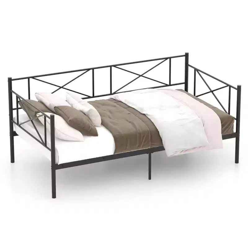 Costway Twin Size Metal Daybed Frame Home Modern 2-in-1 Sofa Bed with Under-bed Storage & Railings Heavy-duty Metal Slats Platform Bed White/Black