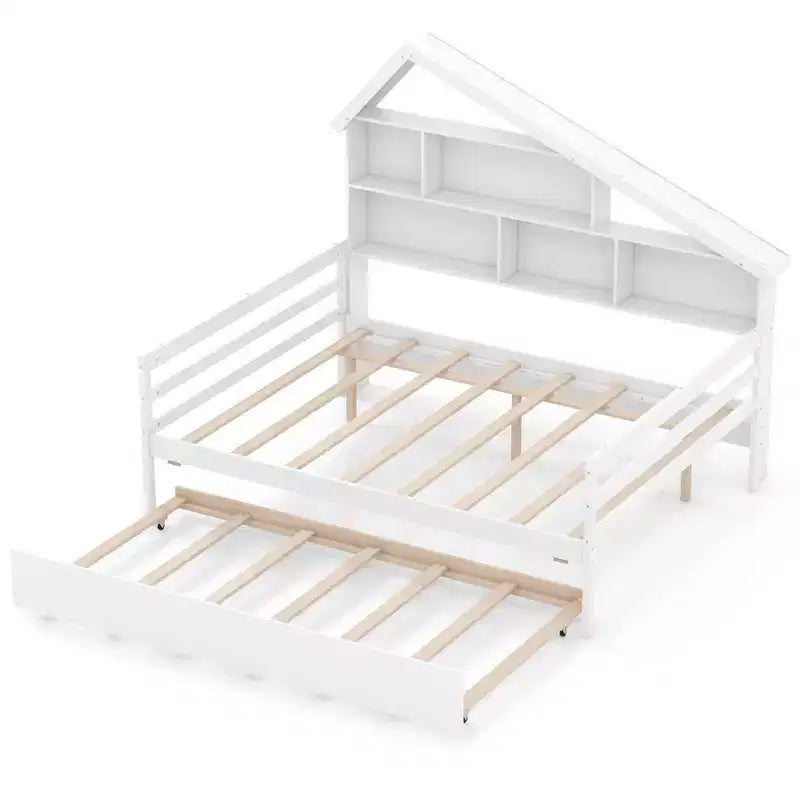 Costway Full Size Daybed w/ Twin Size Trundle Bedside Bookshelf & Headboard White