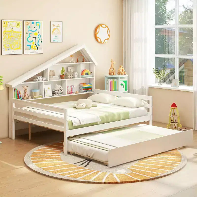 Costway Divano Letto Full Size con Letto Estraibile Twin, Scaffale Laterale e Testiera Bianca