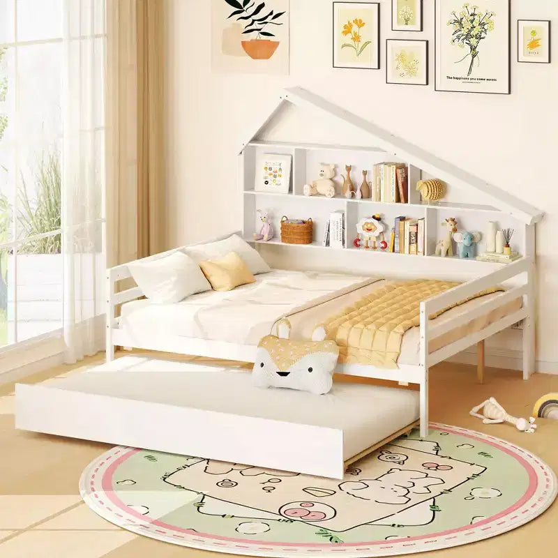 Costway Divano Letto Full Size con Letto Estraibile Twin, Scaffale Laterale e Testiera Bianca