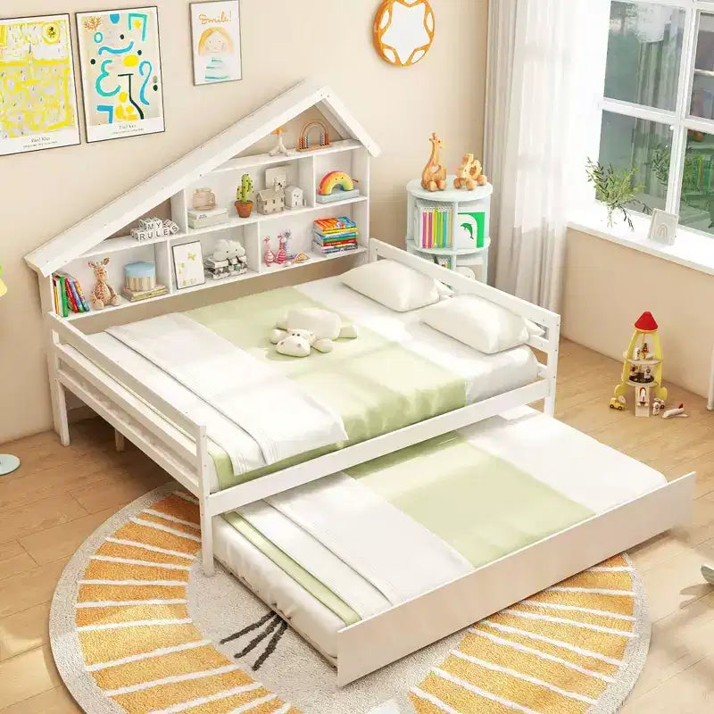 Costway Divano Letto Full Size con Letto Estraibile Twin, Scaffale Laterale e Testiera Bianca