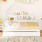 Costway Divano Letto Full Size con Letto Estraibile Twin, Scaffale Laterale e Testiera Bianca