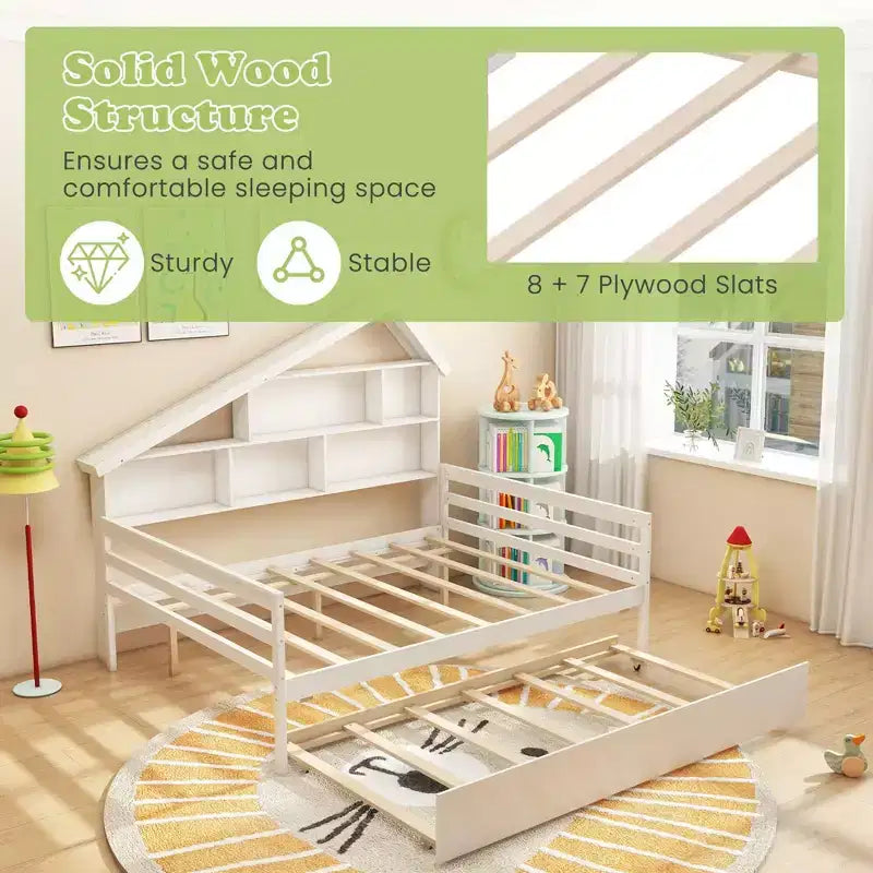 Costway Divano Letto Full Size con Letto Estraibile Twin, Scaffale Laterale e Testiera Bianca