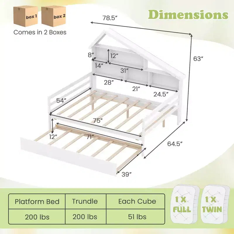 Costway Divano Letto Full Size con Letto Estraibile Twin, Scaffale Laterale e Testiera Bianca