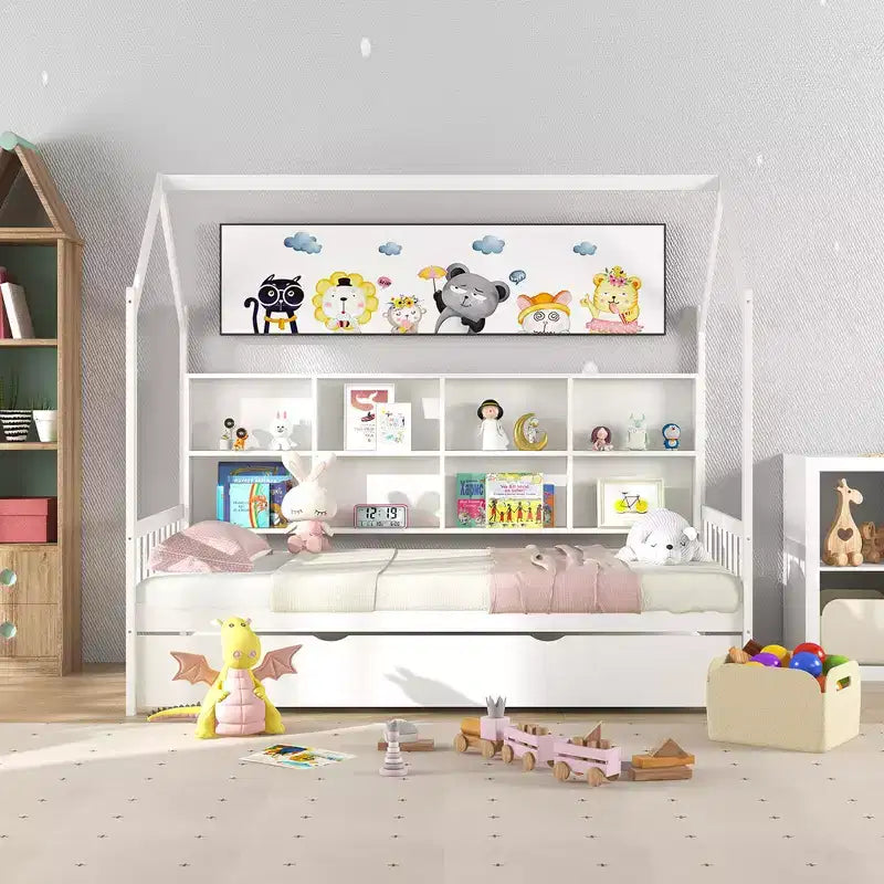Divano Letto Costway Twin House con Letto Estraibile, in Legno, 8 Vani Contenitore, Bianco