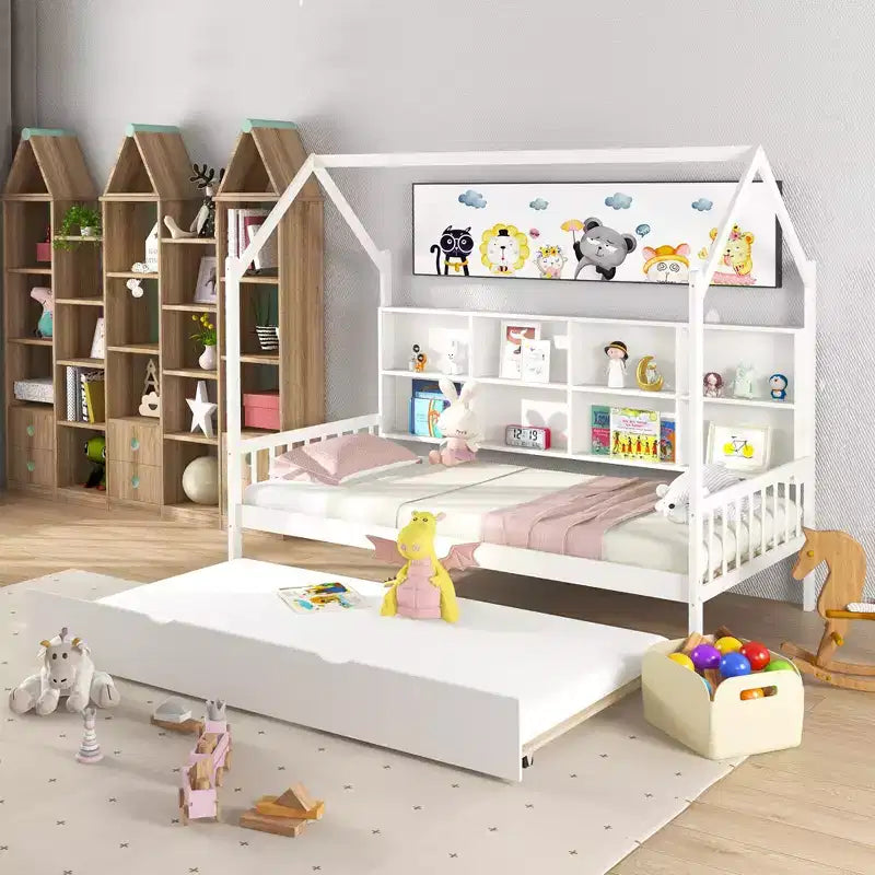 Divano Letto Costway Twin House con Letto Estraibile, in Legno, 8 Vani Contenitore, Bianco