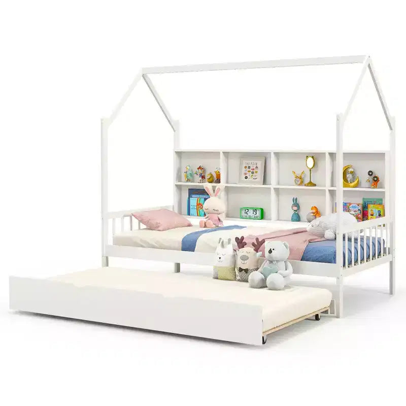 Divano Letto Costway Twin House con Letto Estraibile, in Legno, 8 Vani Contenitore, Bianco