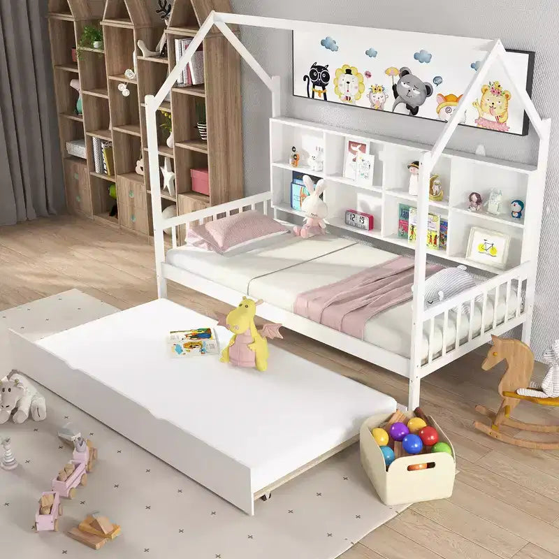 Divano Letto Costway Twin House con Letto Estraibile, in Legno, 8 Vani Contenitore, Bianco