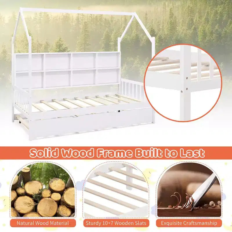 Divano Letto Costway Twin House con Letto Estraibile, in Legno, 8 Vani Contenitore, Bianco