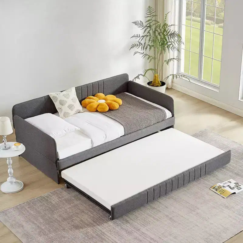Twin Size Daybed with Trundle, Upholstered Sofa Bed Frame with Metal Slats, Platform Bed Frame, Single Daybed for Bedroom Living Room Guest Room