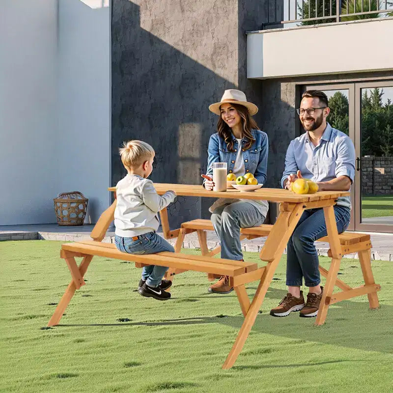 Tavolo da picnic trasformabile 2-in-1 VEVOR, tavolo da esterno in legno e set di panche, panca pieghevole portatile con foro per ombrellone, marrone