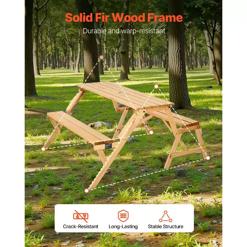 Tavolo da picnic trasformabile 2-in-1 VEVOR, tavolo da esterno in legno e set di panche, panca pieghevole portatile con foro per ombrellone, marrone