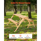 Tavolo da picnic trasformabile 2-in-1 VEVOR, tavolo da esterno in legno e set di panche, panca pieghevole portatile con foro per ombrellone, marrone