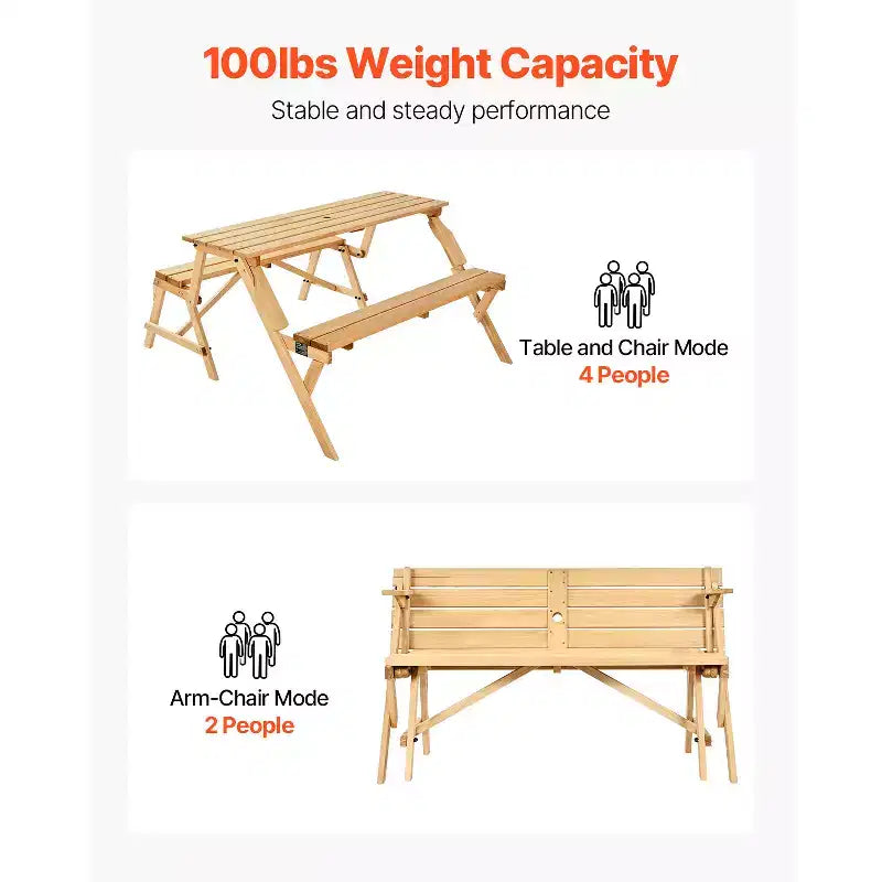 Tavolo da picnic trasformabile 2-in-1 VEVOR, tavolo da esterno in legno e set di panche, panca pieghevole portatile con foro per ombrellone, marrone