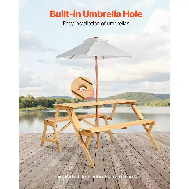 Tavolo da picnic trasformabile 2-in-1 VEVOR, tavolo da esterno in legno e set di panche, panca pieghevole portatile con foro per ombrellone, marrone