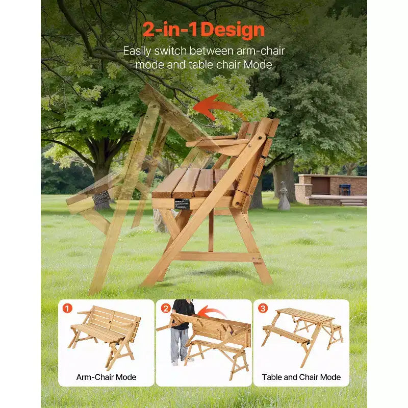 Tavolo da picnic trasformabile 2-in-1 VEVOR, tavolo da esterno in legno e set di panche, panca pieghevole portatile con foro per ombrellone, marrone