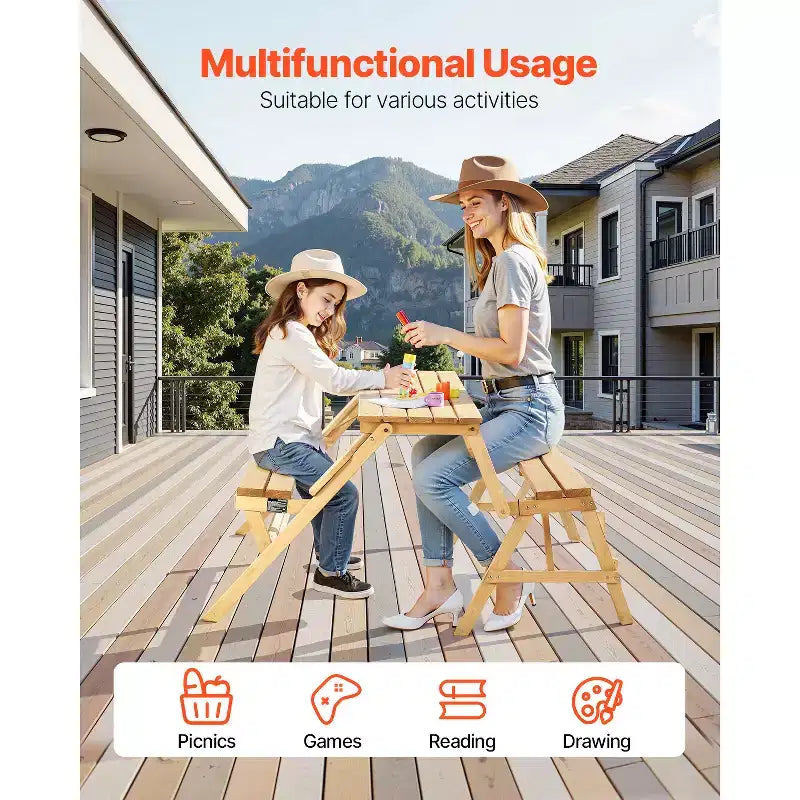 Tavolo da picnic trasformabile 2-in-1 VEVOR, tavolo da esterno in legno e set di panche, panca pieghevole portatile con foro per ombrellone, marrone