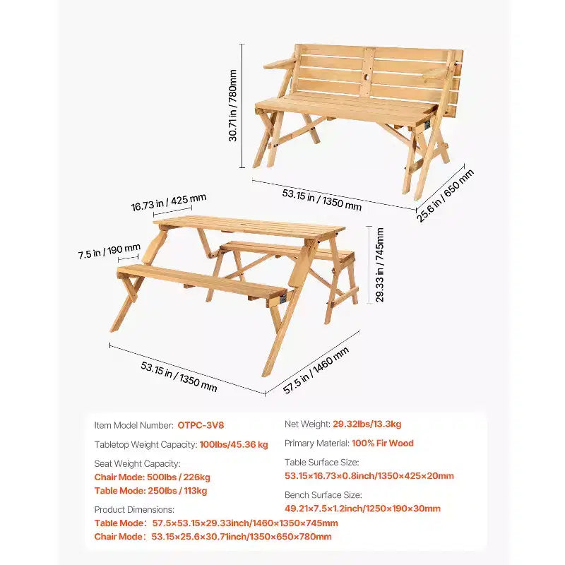 Tavolo da picnic trasformabile 2-in-1 VEVOR, tavolo da esterno in legno e set di panche, panca pieghevole portatile con foro per ombrellone, marrone