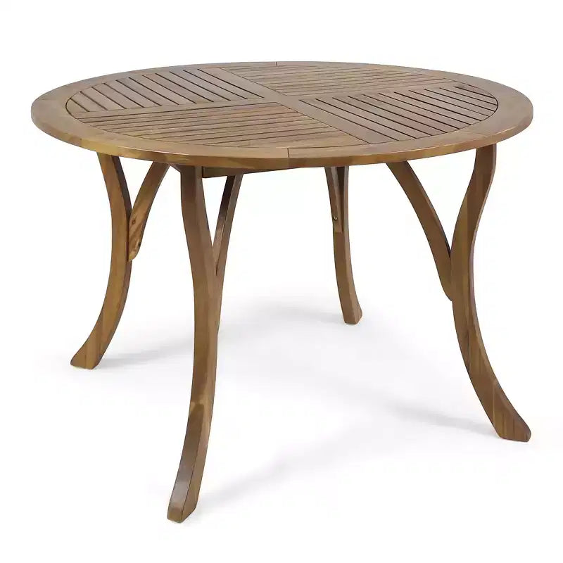 Tavolo Rotondo Elegante da Esterno Okak con Piano a Doghe, Tavolo da Pranzo per Patio con Gambe Curve, Tavolo da Pranzo da Esterno per Giardino