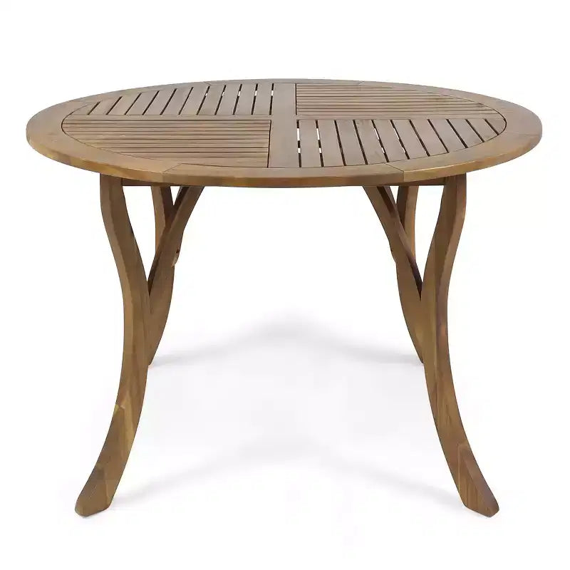 Tavolo Rotondo Elegante da Esterno Okak con Piano a Doghe, Tavolo da Pranzo per Patio con Gambe Curve, Tavolo da Pranzo da Esterno per Giardino