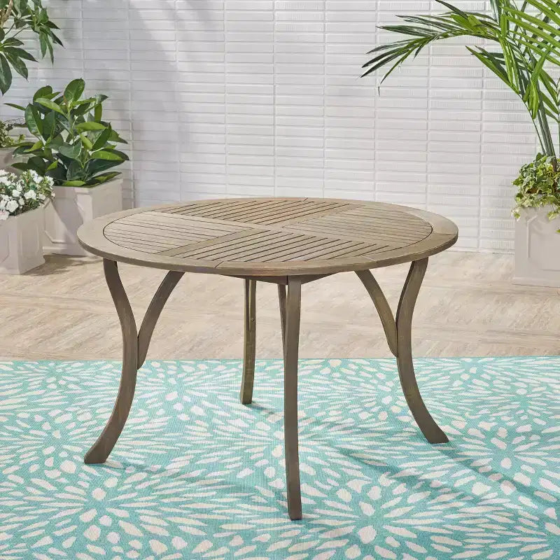 Tavolo Rotondo Elegante da Esterno Okak con Piano a Doghe, Tavolo da Pranzo per Patio con Gambe Curve, Tavolo da Pranzo da Esterno per Giardino