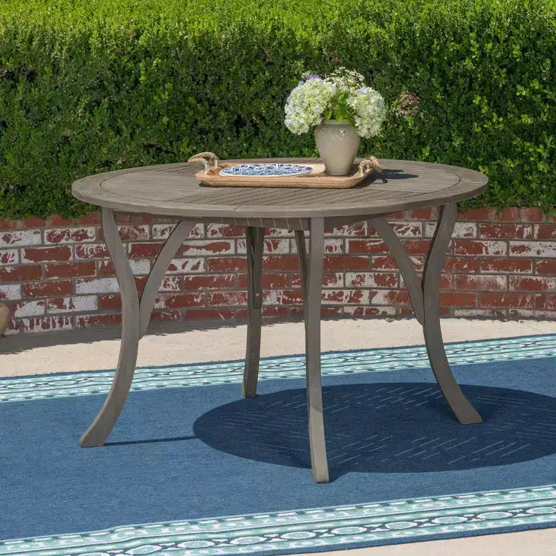 Tavolo Rotondo Elegante da Esterno Okak con Piano a Doghe, Tavolo da Pranzo per Patio con Gambe Curve, Tavolo da Pranzo da Esterno per Giardino