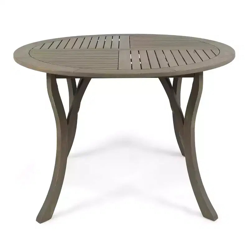 Tavolo Rotondo Elegante da Esterno Okak con Piano a Doghe, Tavolo da Pranzo per Patio con Gambe Curve, Tavolo da Pranzo da Esterno per Giardino