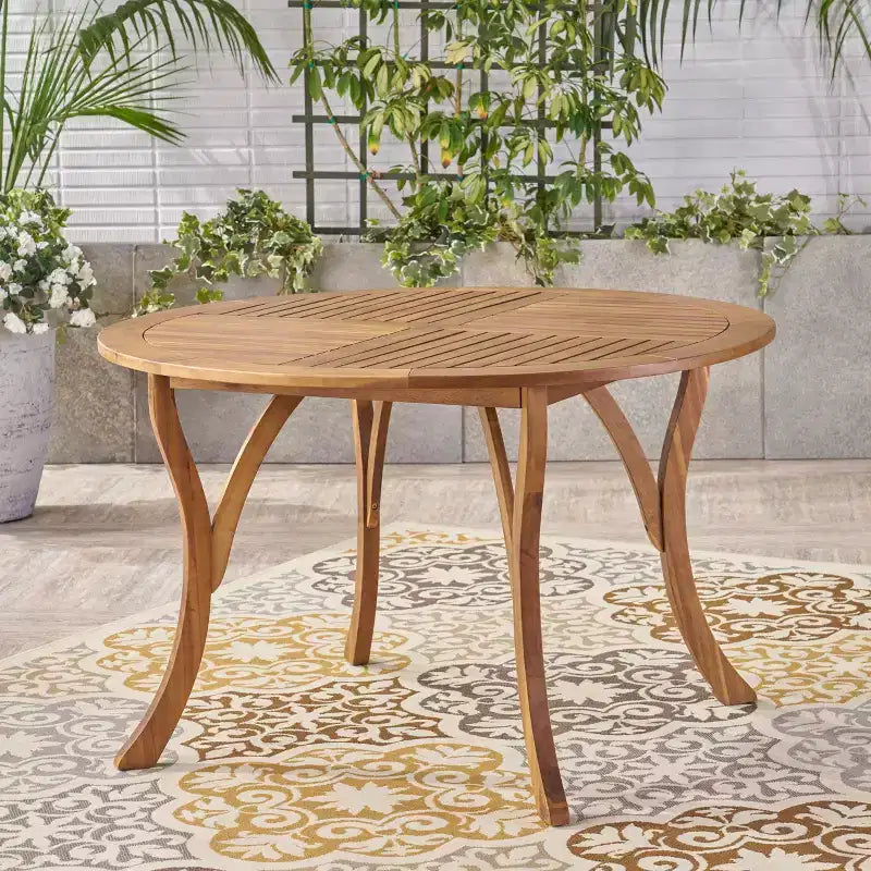Tavolo Rotondo Elegante da Esterno Okak con Piano a Doghe, Tavolo da Pranzo per Patio con Gambe Curve, Tavolo da Pranzo da Esterno per Giardino