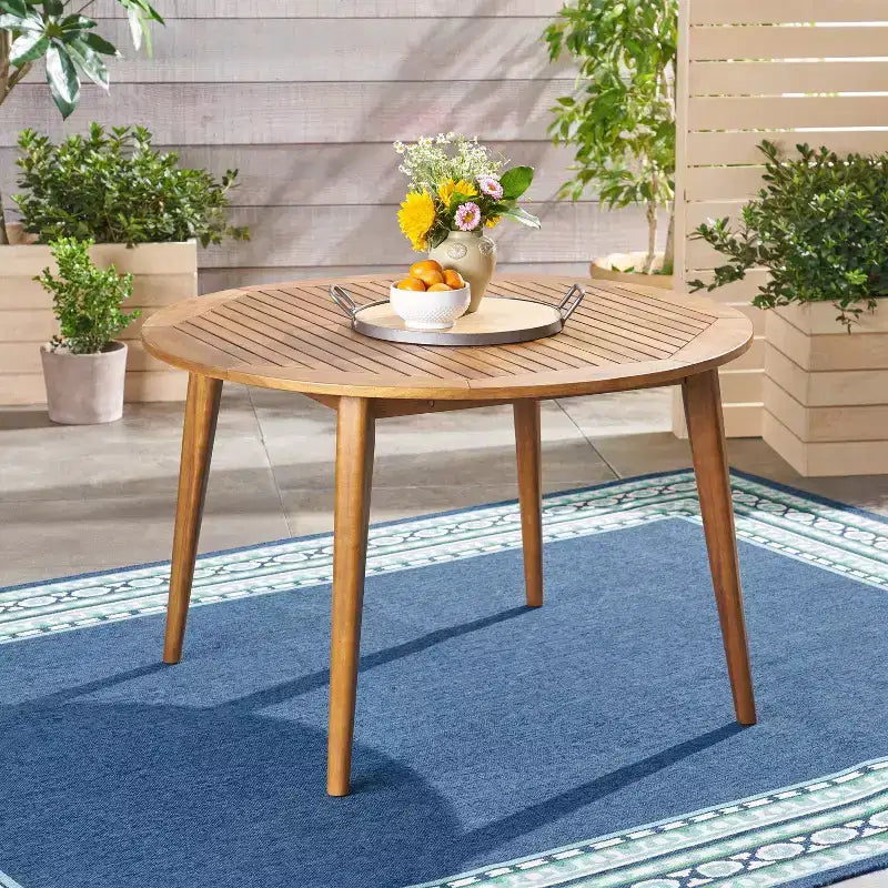 Tavolo da pranzo rotondo Okak Elegent per esterni con struttura e piano in legno di acacia, tavolo da pranzo minimalista per patio, tavolino da esterno per giardino