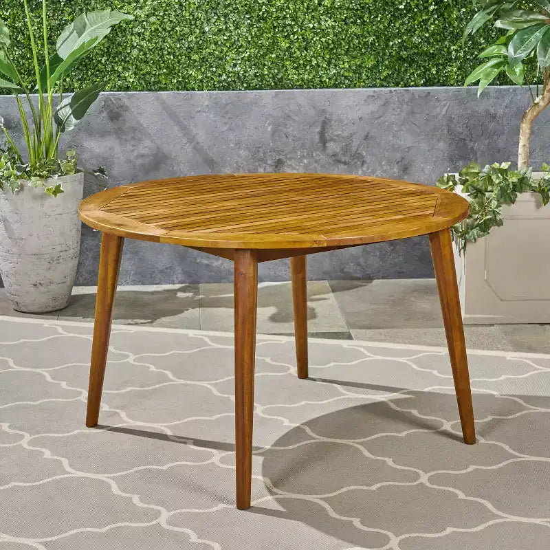 Tavolo da pranzo rotondo Okak Elegent per esterni con struttura e piano in legno di acacia, tavolo da pranzo minimalista per patio, tavolino da esterno per giardino